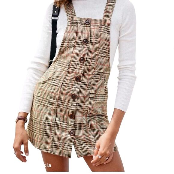 Urban Outfitters Joey Plaid Button-Down Skirtall Overall Dress Size Medium - Picture 1 of 10